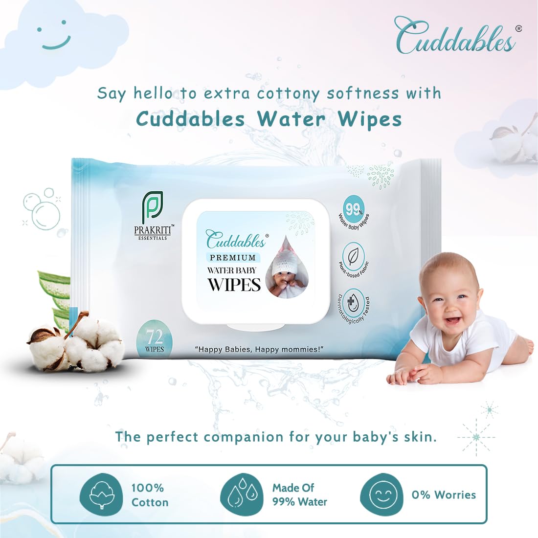 Cuddables Premium 99% Pure Water Baby Wipes, (72 Pcs * 2 = 144 Pcs) (Pack of 2), Natural Super thick Plant made cloth Wipes, Baby Cotton Wipe for Babies, Aloe Vera – Cuddables
