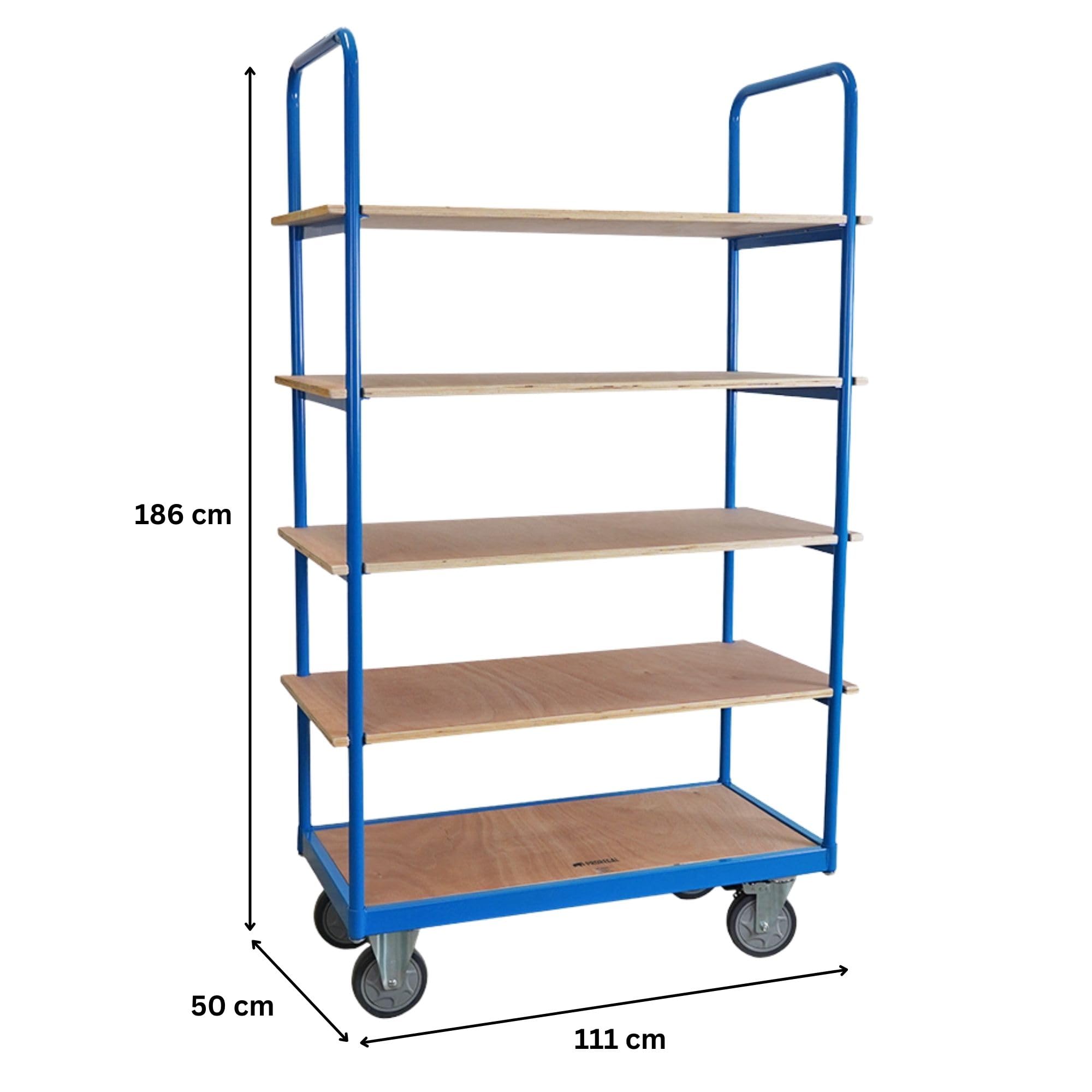 PROREGAL Profi Etagenwagen Kommissionierwagen Kommissionierregal Regalwagen mit 5 Etagen | HxBxT 186x111X50cm | Traglast 400 kg | 2X Lenkrollen mit Feststellbremse & 2X Bockrollen | Lichtblau