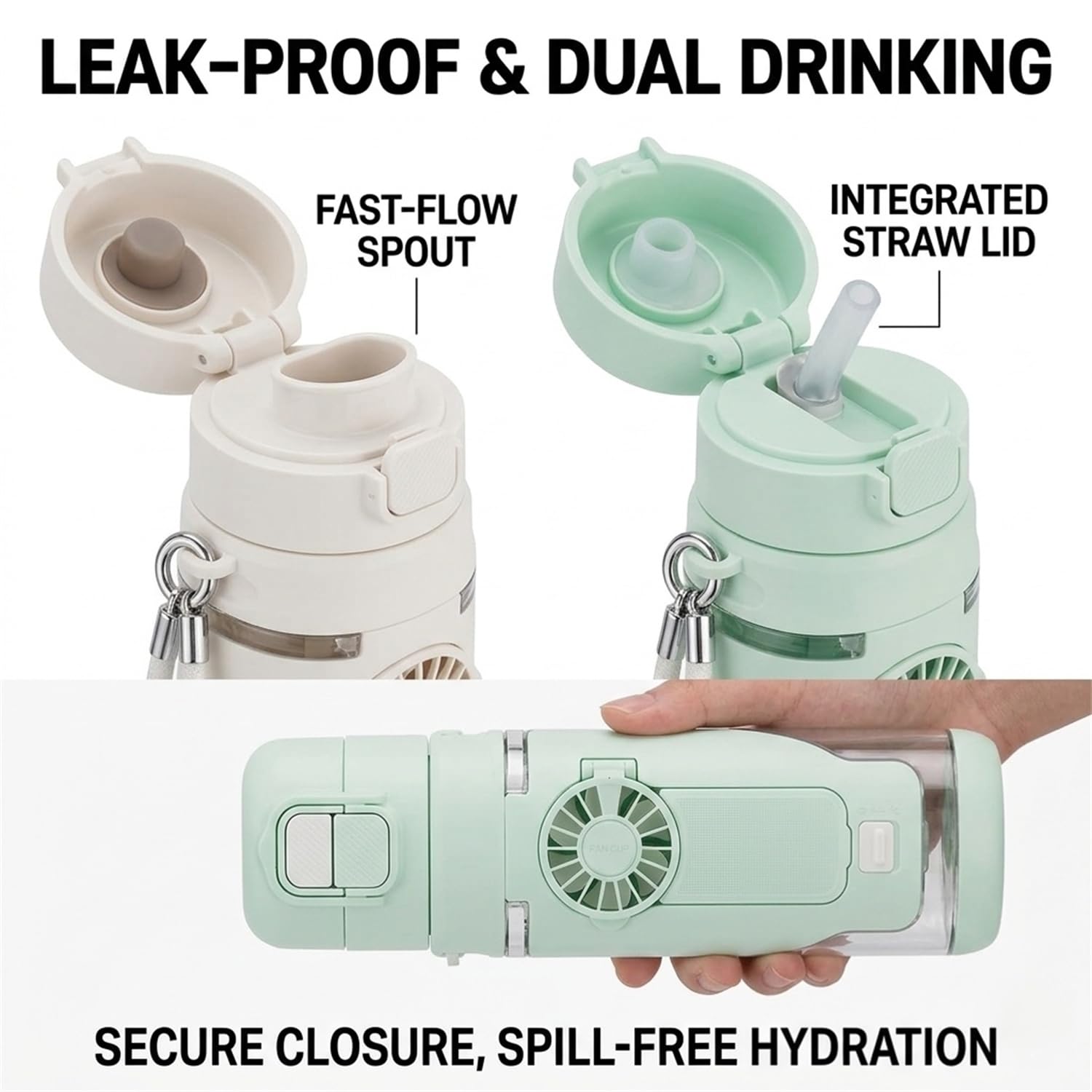 Botella de agua 2 en 1 con ventilador plegable integrado, botella de agua de refrigeración portátil de 690 ml con ventilador de 3 velocidades, popote a prueba de fugas y tapa de boquilla para viajes