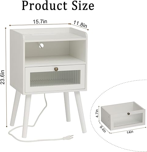 Miniatura 7 de AWASEN Mesita de noche blanca con estación de carga, moderna mesita de noche con cajón decorativo de cristal, mesa auxiliar pequeña con espacio de