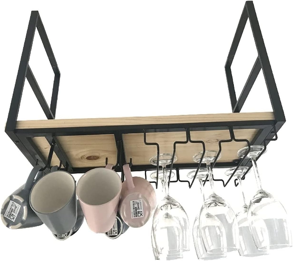 Wrought Iron Ceiling Hanging Wine Glass Holder with Solid Wood Floating Wine Rack Kitchen and Bar Decor