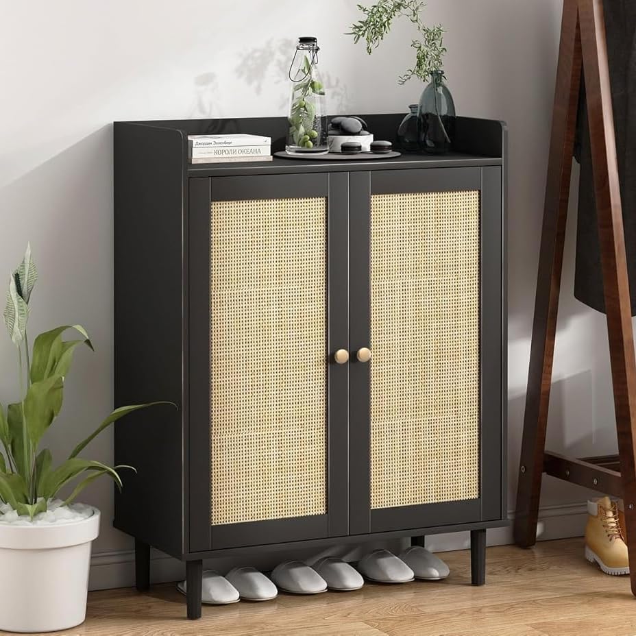 Shoe Storage Cabinet, Wooden Shoe Cabinet Shoe Rack with 2 Doors and Solid Wood Legs, Modern Rattan 5 Tier Shoe Cabinets with Adjustable Shelves for Living Room, Hallway, 77W x 38D x 101.6H, Black