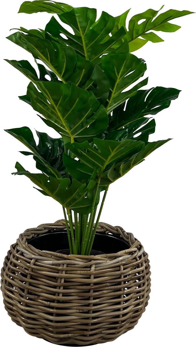 Rattan Drypot Kugel - ø 45 x 34 cm - Runder Pflanztopf - Nachhaltiger Pflanztopf mit recyceltem wasserdichtem Kunststoff-Innenbehälter - Blumentöpfe für Innen - Pflanzenkörbe - Pflanzenhalter - Grau