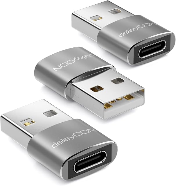 deleyCON Adapter USB C do USB [3 Sztuki] USB Gniazdo C do USB Wtyku A - do PC Komputera Laptopa Notebooka Aluminium Srebro
