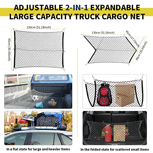 Dedc Cargo Net For Pickup Truck Bed, 2023 Upgraded 2-In-1 Truck Cargo Net 51.18×35.43 Inch Elastic Heavy Duty Large Bungee Car Rear Cargo Net With 18 Carabiners For Ford, Dodge, Toyota, Gmc And Chevy #TOP1