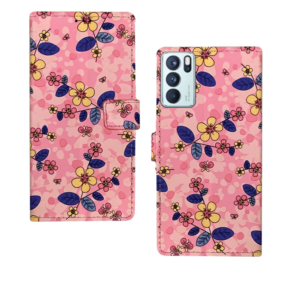 Inktree Oppo Reno 6 Pro Flip Case | Premium Leather Finish Flip Cover |Designer Printed Flip Cover for Oppo Reno 6 Pro – Pink Flowers