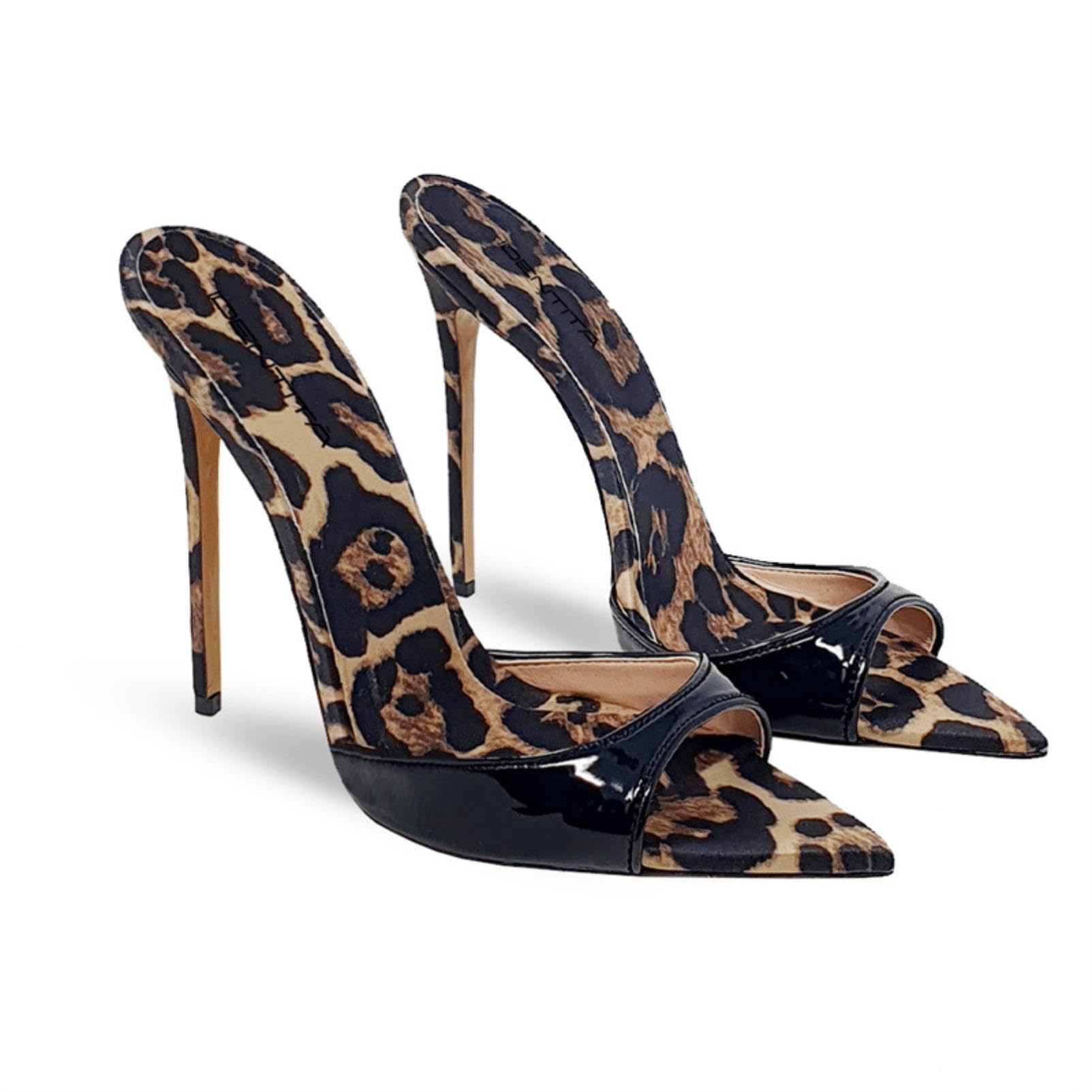 Generico Mules Tacco A Spillo Punta Stretta Punta Aperta Senza Retro Facili da Indossare Tacco Alto Scarpe Eleganti Tomaia Liscia Design Leopardato Festa Sera