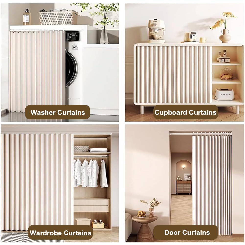 Rideau d'Armoire en Toile de Lin avec Piste Adhésive - Rideau Anti-Poussière et Rideau de Confidentialité pour Rideau pour Placard Dressing, Installation sans Perçage,Beige White,100x70cm