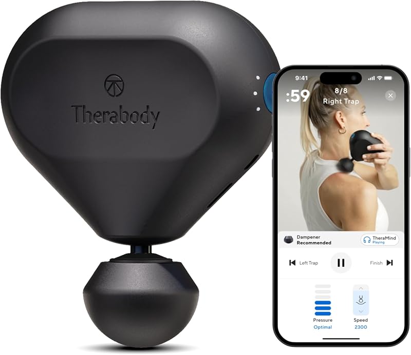 Therabody Mini (segunda generación) - Pistola de masaje de percusión de tejido profundo de mano y masajeador personal compacto para viajes, alivio del dolor muscular portátil en cuello, espalda, piernas, manos y hombros (negro) | Masajeador de percusión ultraportátil para recuperación en cualquier momento y lugar | 3 velocidades, control simple con 1 botón, alivio de tensión y músculos