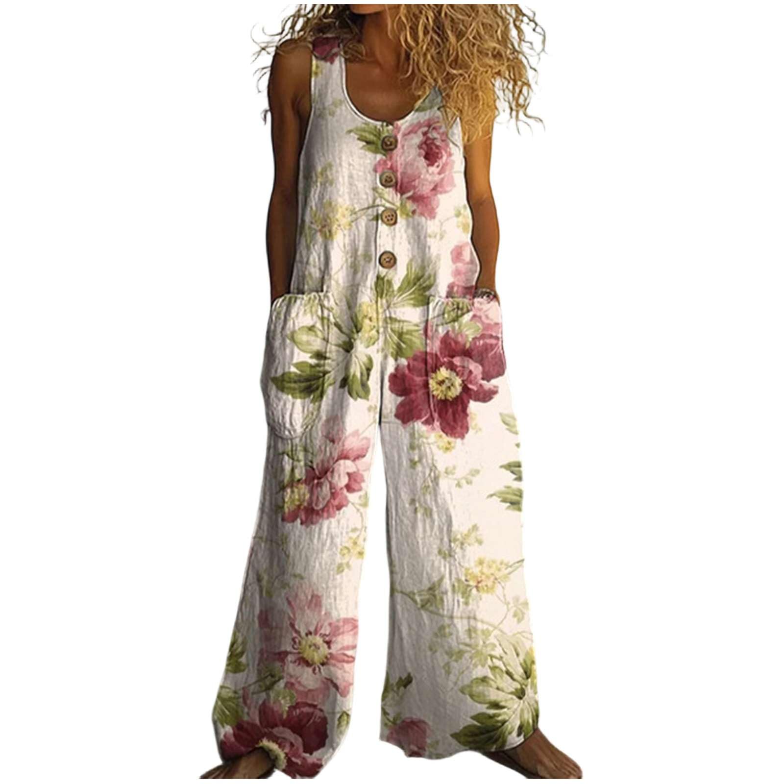Salopette Donna Estiva Overall in Lino 2026 Tuta Intera Boho Chic Elegante Stampa Pantaloni Gamba Larga Jumpsuit Baggy Mare e Vacanza Vintage Curvy Taglie Forti con Tasche Comoda