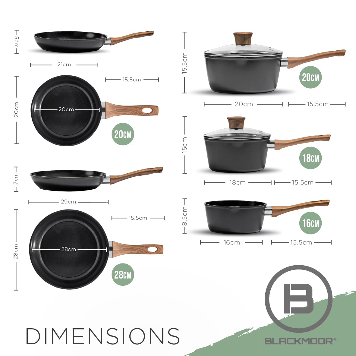 Blackmoor 5-częściowy zestaw patelni / nieprzywierające garnki i patelnie pokryte ceramiką / zestaw garnków i naczyń do smażenia bez PFAS, z uchwytami z efektem drewna, nadaje się do wszystkich