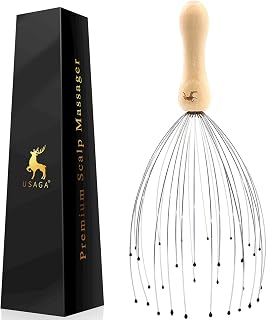 USAGA 32-Finger Scalp Massager Head Scratcher with Wood Handle - ASMR Tingling Relaxing Gift for Scalp & Body