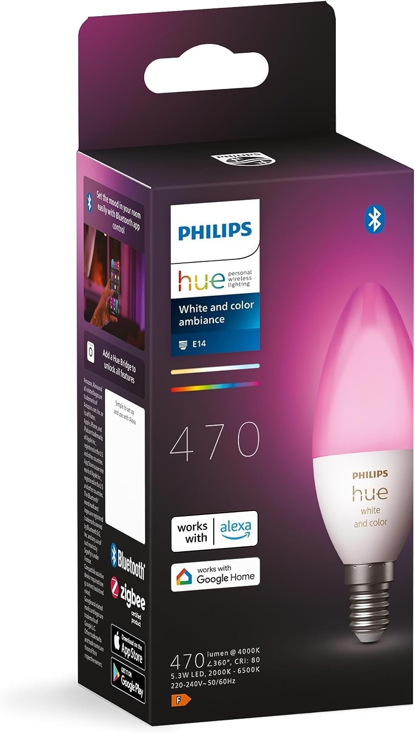 Philips Hue Philips Hue White and Colour Ambiance Smart Light Bulb [E14 Small Edison Screw] with Bluetooth. Works with Alexa, Google Assistant and Apple Homekit