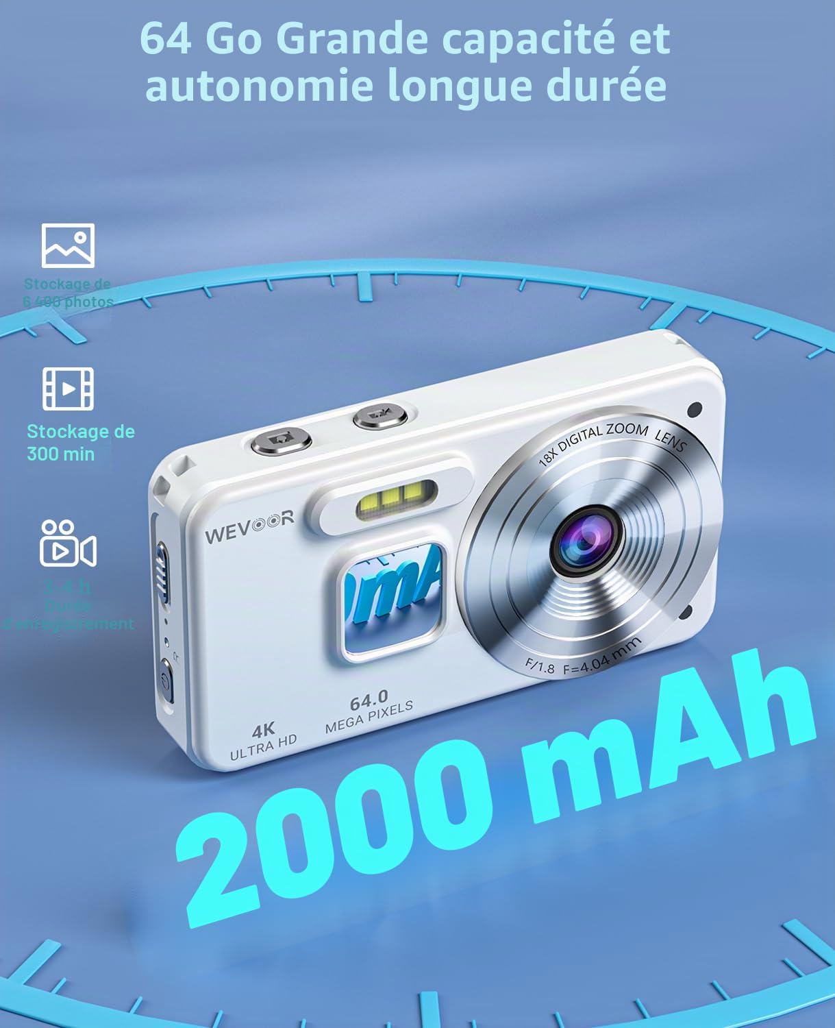Appareil Photo Numérique 4K 64MP, Wevoor 64 GB Appareil Photo Numérique Compact avec Écran 2,8", 2000mAh Batterie, Appareil Photo Portable pour Débutants Enfants Adolescents - Blanc