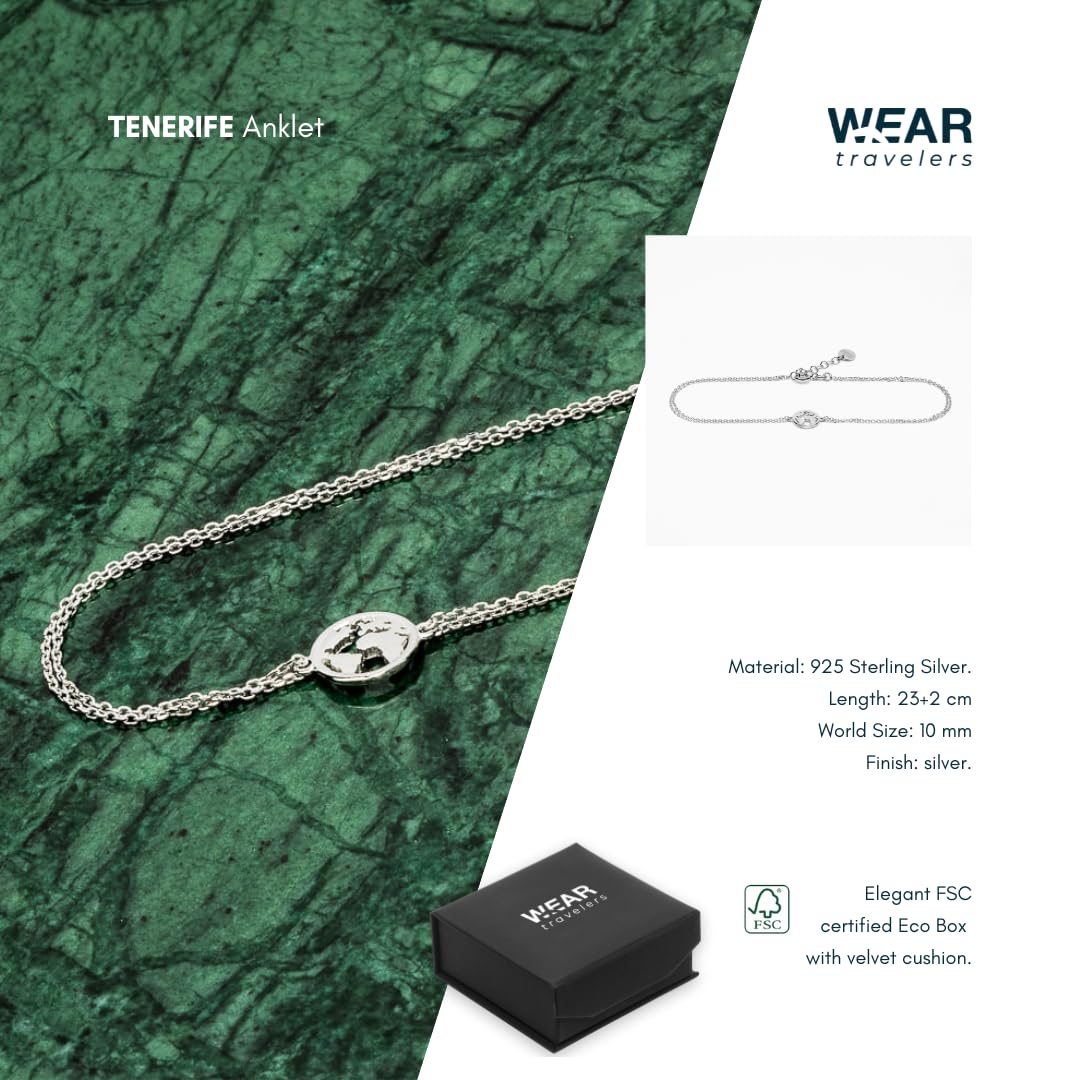 WearTravelers 925 Sterling Silber Fußkettchen mit Weltkarten-Anhänger - Verstellbar und leicht - Damen Fußkettchen - Made in Italy - Geschenk für Reisefreudige - Modell Teneriffa
