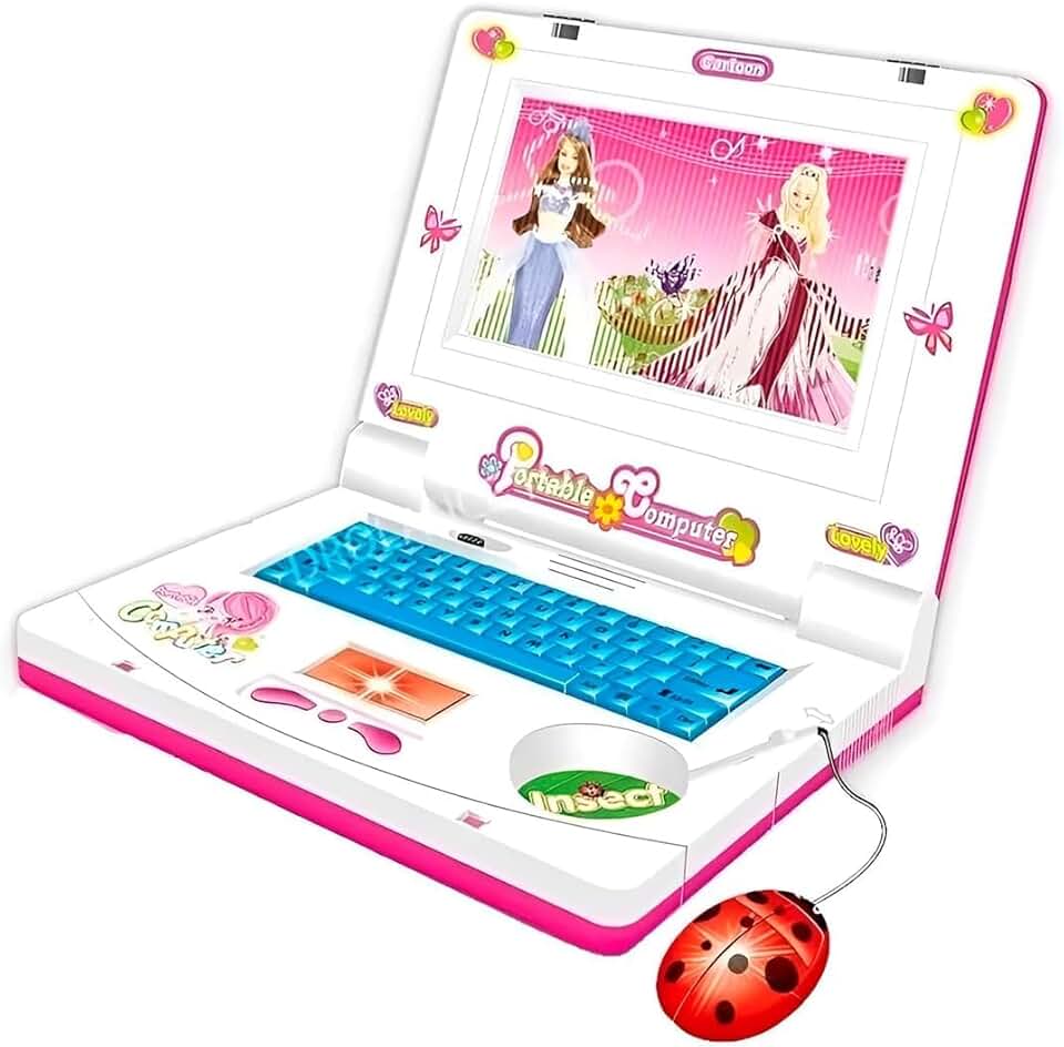Laptop Infantil Educativo Musical, Rosa, com Mouse Joaninha, 19x17x15,5cm, Jogos de Alfabetização e Números, para Crianças +3 Anos