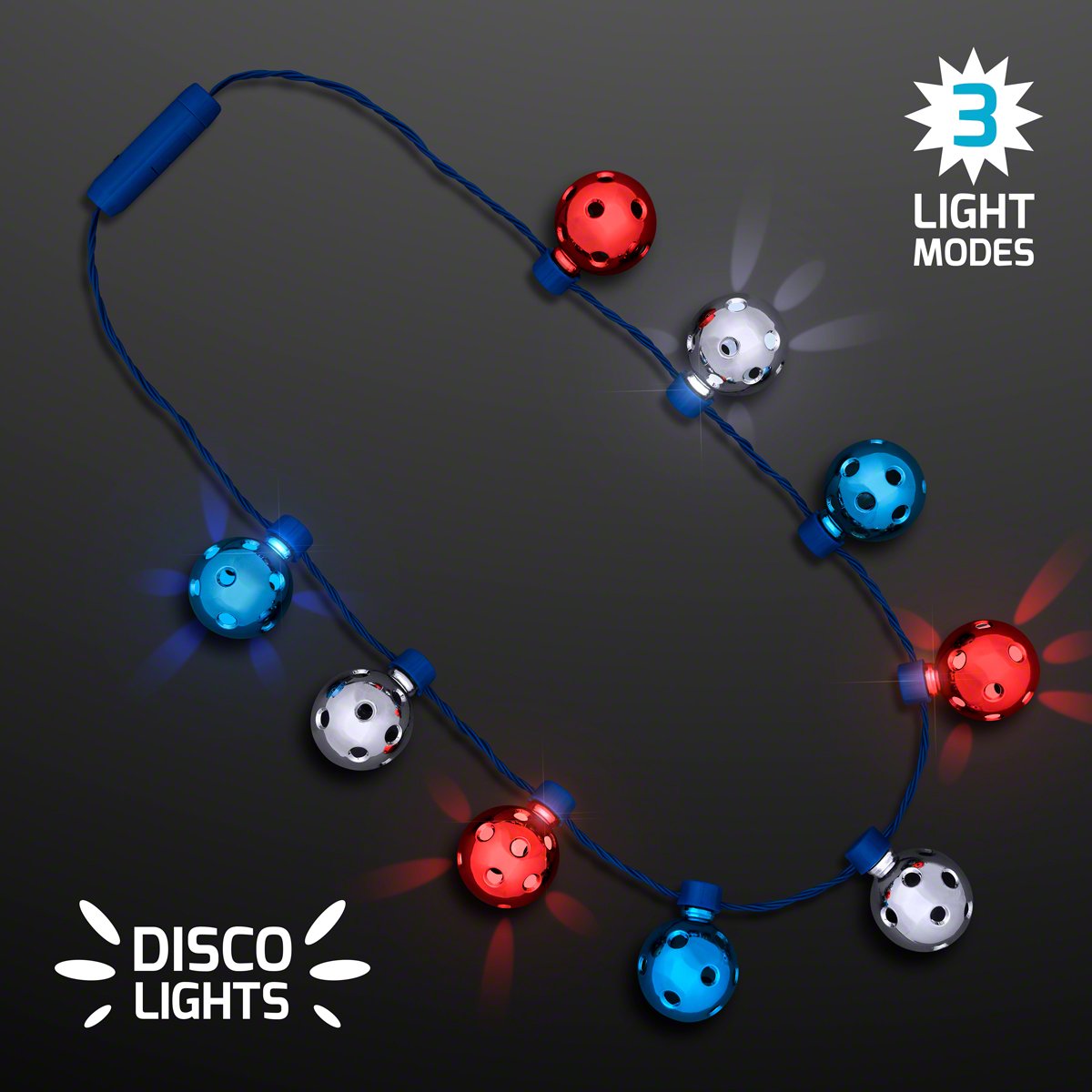 Red White Blue Firework Flashing Disco Balls Light Up Necklace (Party Set of 12)
