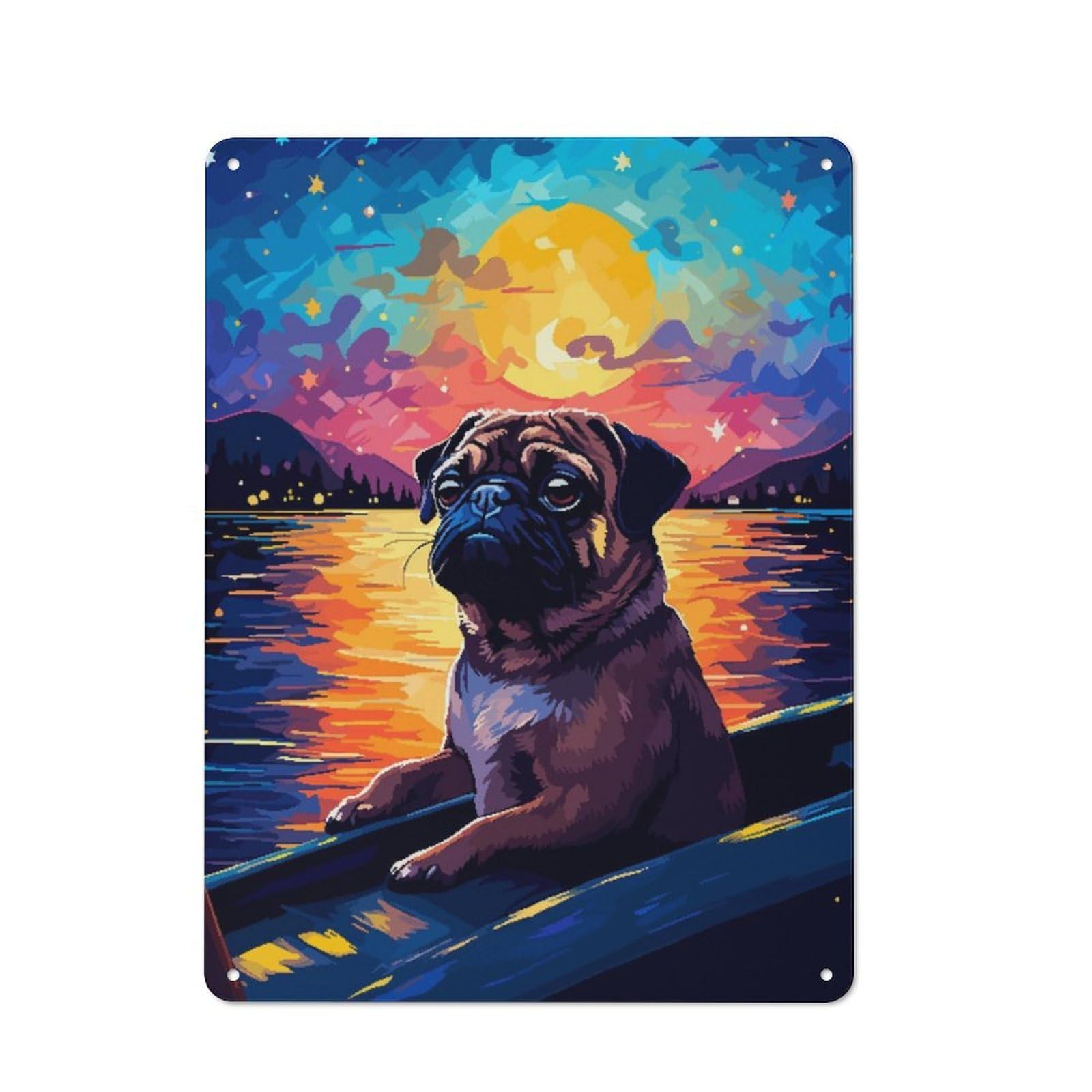 Junmoney Pug Boat Synth Pixel Art Vintage Metal Plaque 40X30cm For Workshop Wall, For Kitchen And Home Bar Decor, For Home Office And Studio Walls