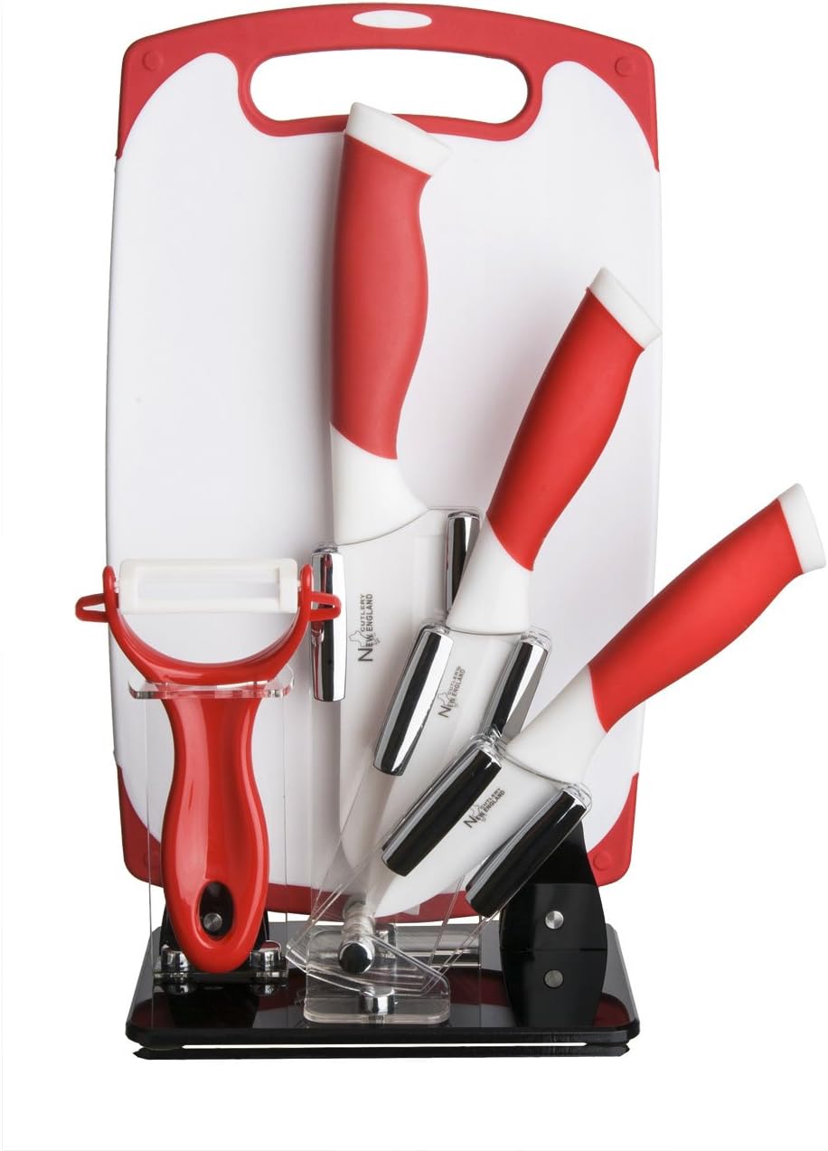 84065 6 Piece and White Ceramic Knife and Tool Set, Red
