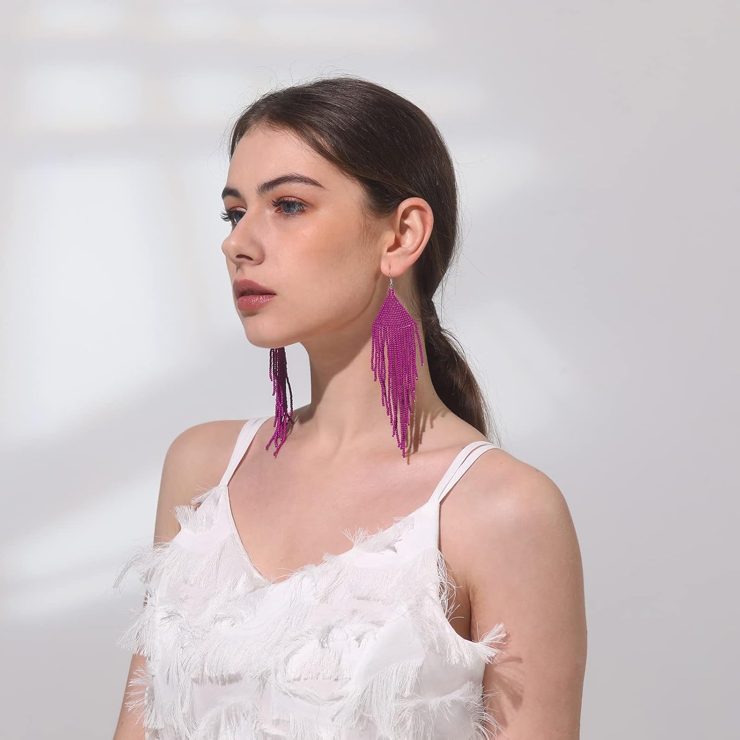 Handmade Beaded Tassel Earrings - Boho Drop Fringe Earrings for Women, Native American Indian Earrings - Image 3