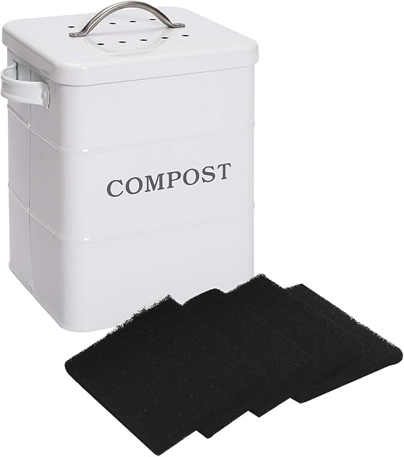 Xbopetda Stainless Steel Compost Bin for Kitchen Countertop,1 Gallon, includes Charcoal Filter,with Lid and handle,Composter for Zero Waste Recycling Kitchen Compost Bin, Compost Pail -White