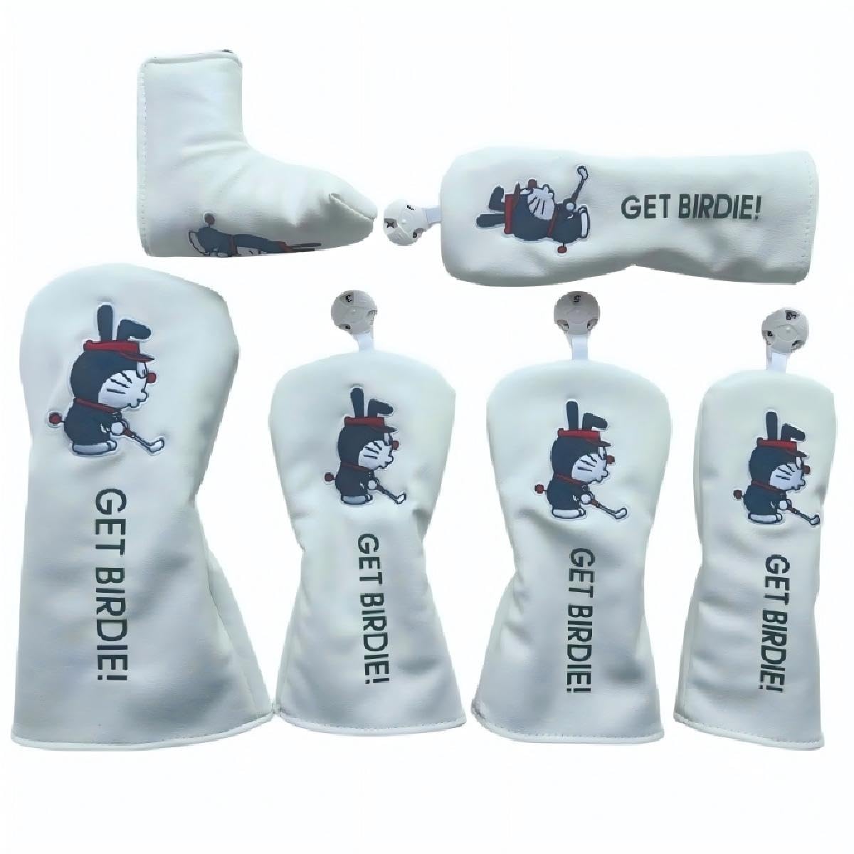BADGEWOO GET BIRDIE! Set of 5, Golf Head Covers, Embroidered Design, PU Leather, Driver/Fairway Wood/Utility Compatible, U2-U6 Compatible, Conversion Dag Included (White 1.3.5. UT.UT. Right Angle 6 : 