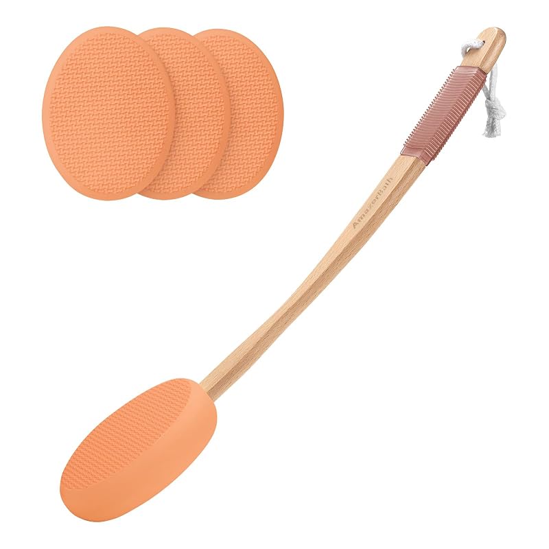 AmazerBath Aplicador de loção com cabo curvo, 4 almofadas substituíveis, laranja