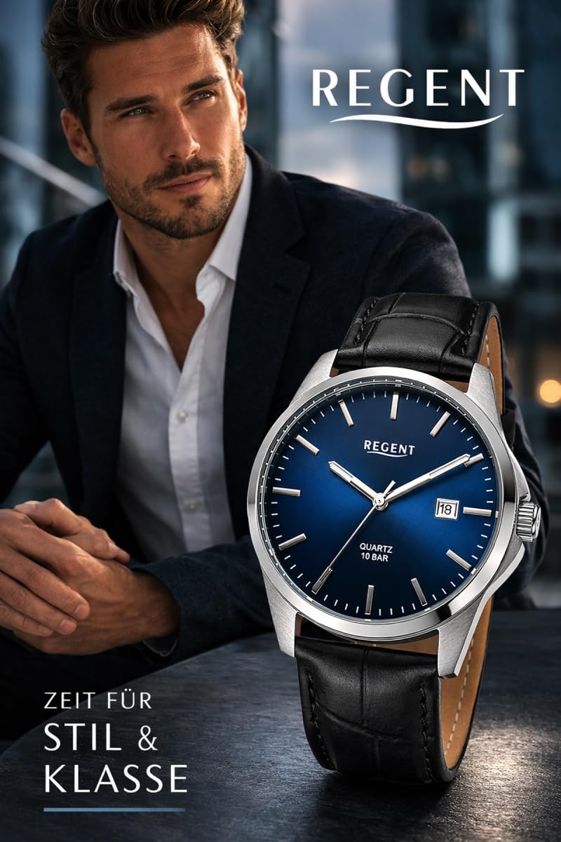 REGENT F-1679 Herrenuhr Edelstahl Silberfarben, Blaues Sunray Zifferblatt, Lederband Schwarz Kroko Look, Quarzwerk, Datum, 39 mm, 10 ATM