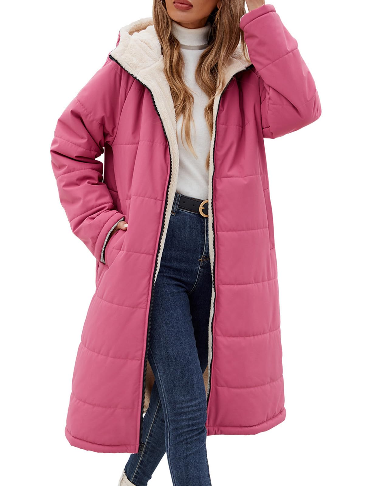 Tuopuda Damen Wintermäntel Lang Winterjacke Warm Winter Fleece Gefüttert Sweatjacke Jacke Mantel Parka Jacket mit Kapuze Teddyfleece Steppjacke Übergangsjacke Winterparka Steppmantel