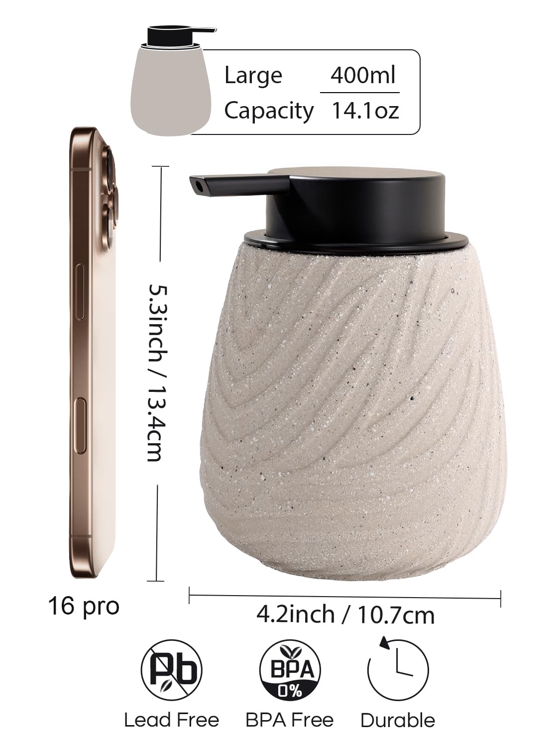 Dozownik mydła z pianki, dozownik płynu do mycia naczyń, 400 ml, naturalny beżowy, z dużą głowicą pompki, ceramiczny dozownik mydła piankowego do kuchni, łazienki