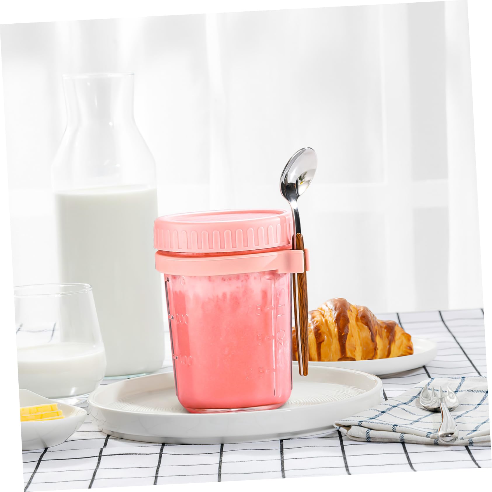 Mikinona 4 Stück Overnight Oats Behälter mit Deckel und Löffel 400ml Glasbehälter für Lebensmittel Vorratsdose Glas mit Holzdeckel