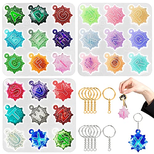 AIFUDA - Lot de 3 moules en résine époxy avec 10 porte-clés, 26 lettres de l'alphabet en silicone pour porte-clés, poignées de téléphone, ornements, pendentifs et décoration de la maison Cover