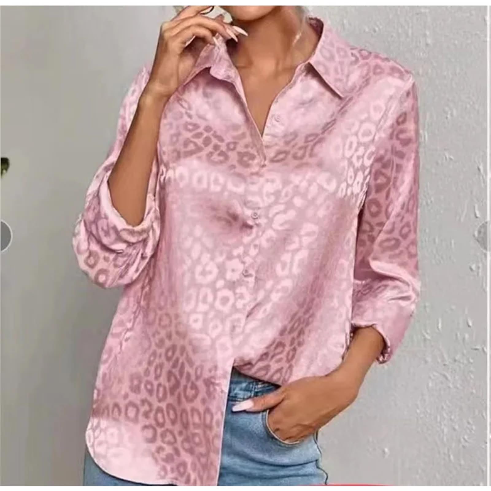 Bluse Damen Frauen Elegante Leopard Print Lose Bluse Frühling Sommer Langarm Satin Revers Shirt-e-s