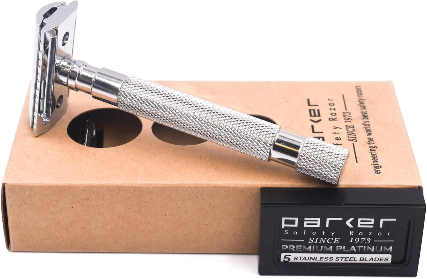 PARKER Safety Razor Men 64S Stainless Steel Handle Double Edge Safety Razor & 5 Premium Blades