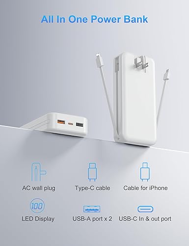 Miniatura 9 de Cargador portátil con enchufe de pared, cargador de batería USB C de 20000 mAh de carga rápida, batería externa con cables integrados, pantalla
