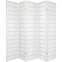 Legacy Decor 5-Panel Shoji Room Divider, White Real Wood Grid, Translucent Privacy Panels, 87.5 W 71 H, Folding Screen