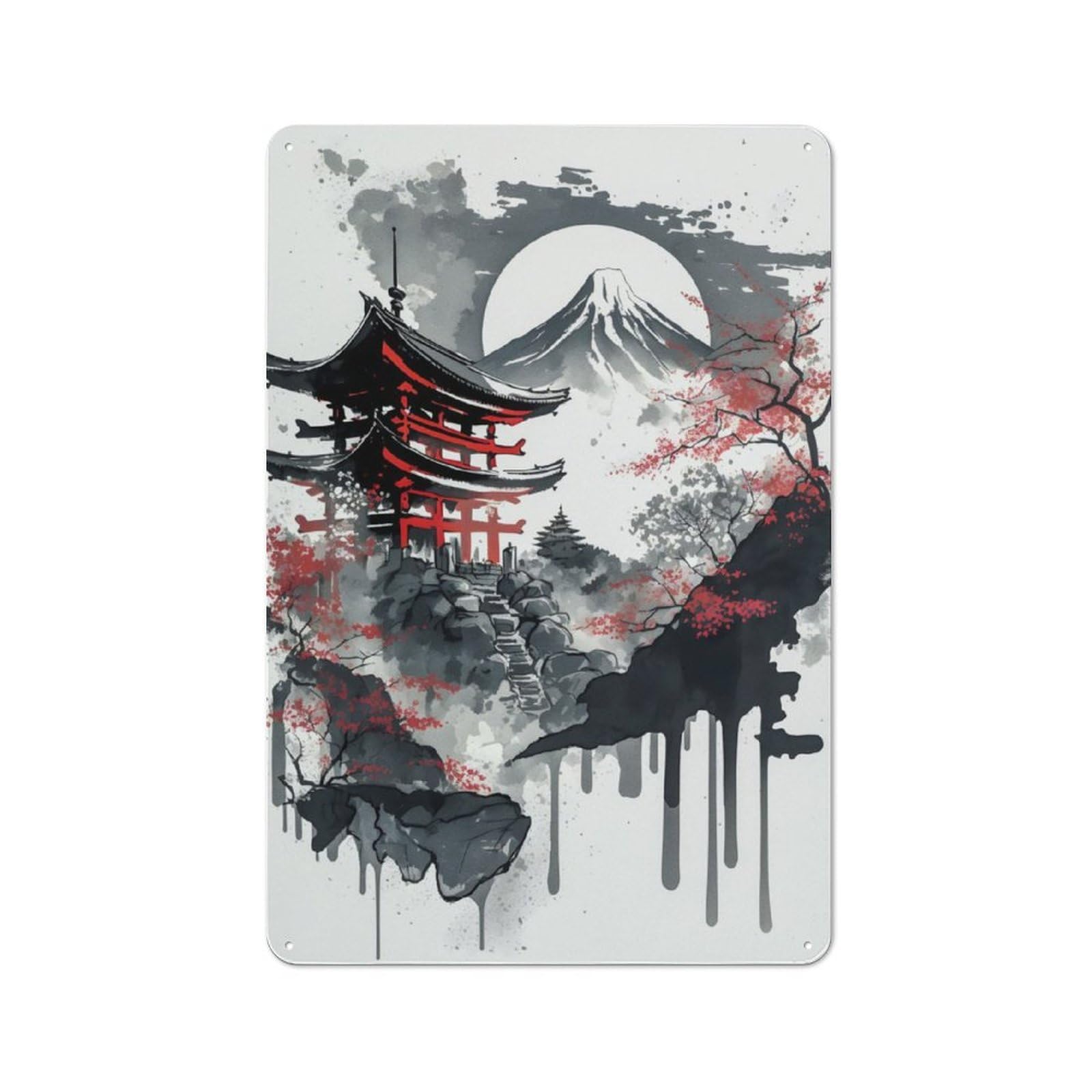 Junmoney Japanese Temple Ink Wash Retro Tin Sign 30X20cm For Garden Room Or Summerhouse, A Housewarming Gift For Garden Room Decor Fans