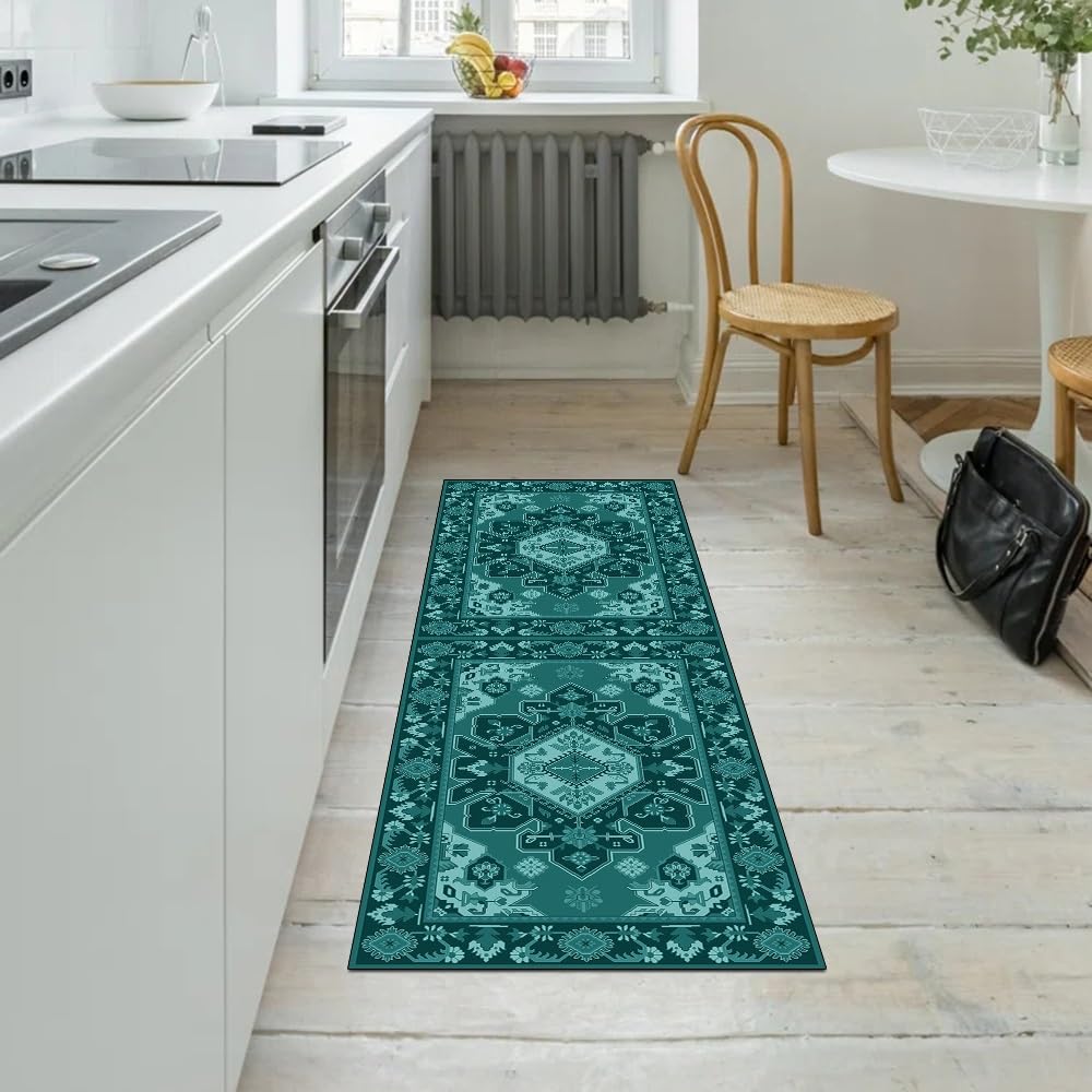Tappeto a passatoia per corridoio, antiscivolo, 50 x 650 cm, modello Abstract lungo, lavabile, verde scuro al metro, corridoio