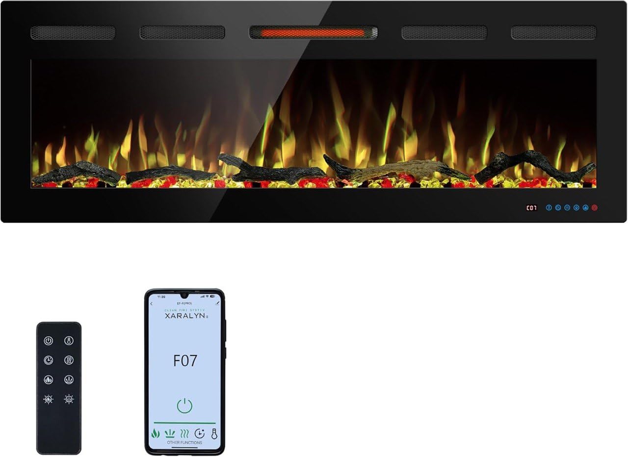 Mystflame Galaxy 50 Pro Wi-Fi - Camino Elettrico da Parete con 13 Colori di Fiamma e Luce Inferiore, Letto di Combustibile in Legno e Cristallo, Termostato da 750/1500 W, Telecomando e Touchscreen