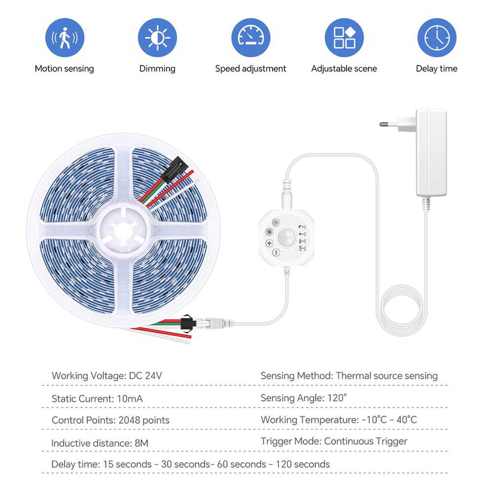 AoLa Striscia LED sensore di movimento, 5m 600 LED dimmerabile con spina, modalità luce fissa modalità notturna attivata dal movimento sensore di luce 4 modalità con timer, bianco caldo 3000K,10M
