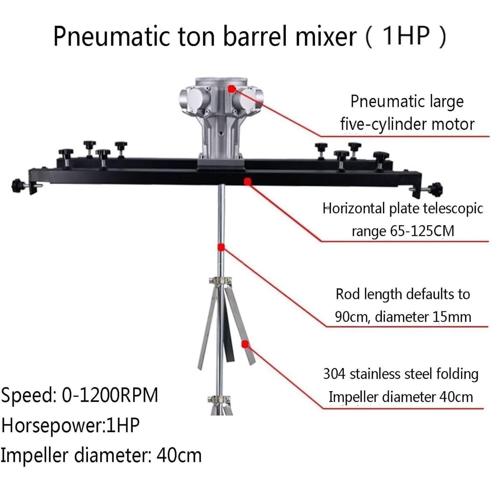 Agitador de aire IBC de 1 HP, mezclador de pintura neumático de 1000 L con palas plegables de acero inoxidable de 400 mm, 0-1200 RPM, varilla agitadora de 900 mm, for pintura, revestimiento y alimenta