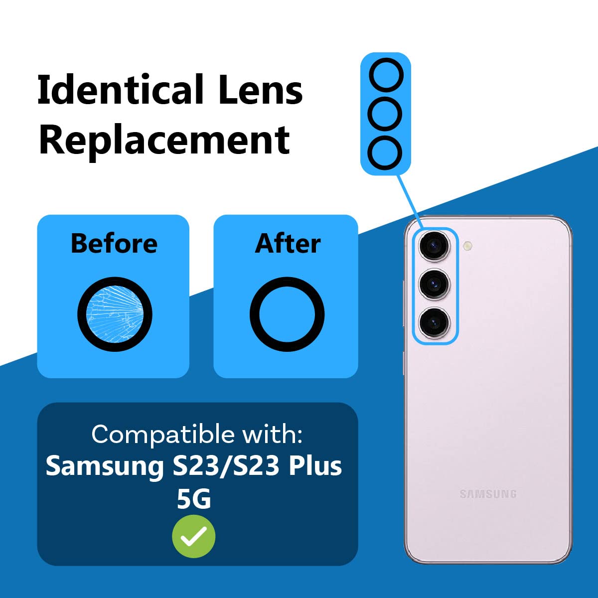 MMOBIEL Szklany obiektyw tylnej kamery kompatybilny z Samsung Galaxy S23 / S23 Plus 5G 2023. W zestawie klej dwustronny, pęseta i ściereczka.