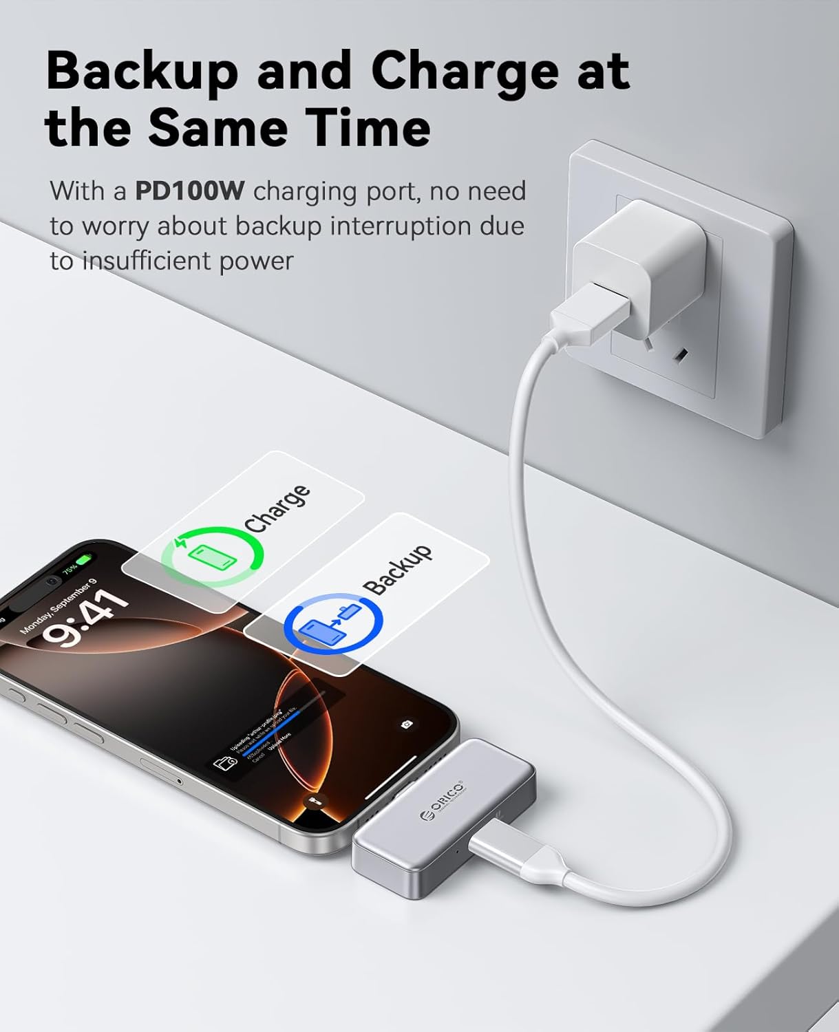 An iPhone connected to the ORICO S5 Portable SSD, which is also connected to a wall charger, indicating simultaneous backup and charging.