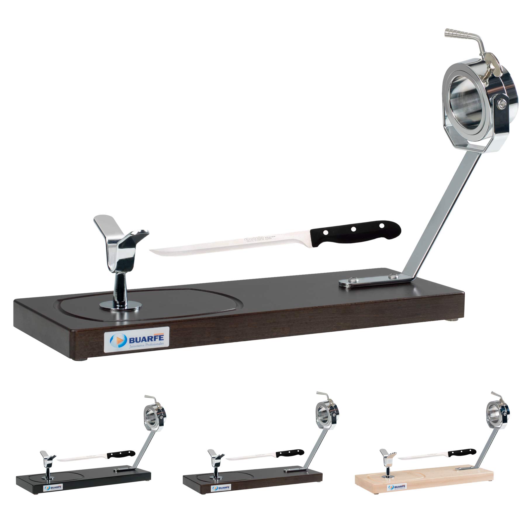 Buarfe Schinkenhalter aus Buchenholz, 53 cm, drehbarer Kopf mit Schinkenmesser (Tabak)