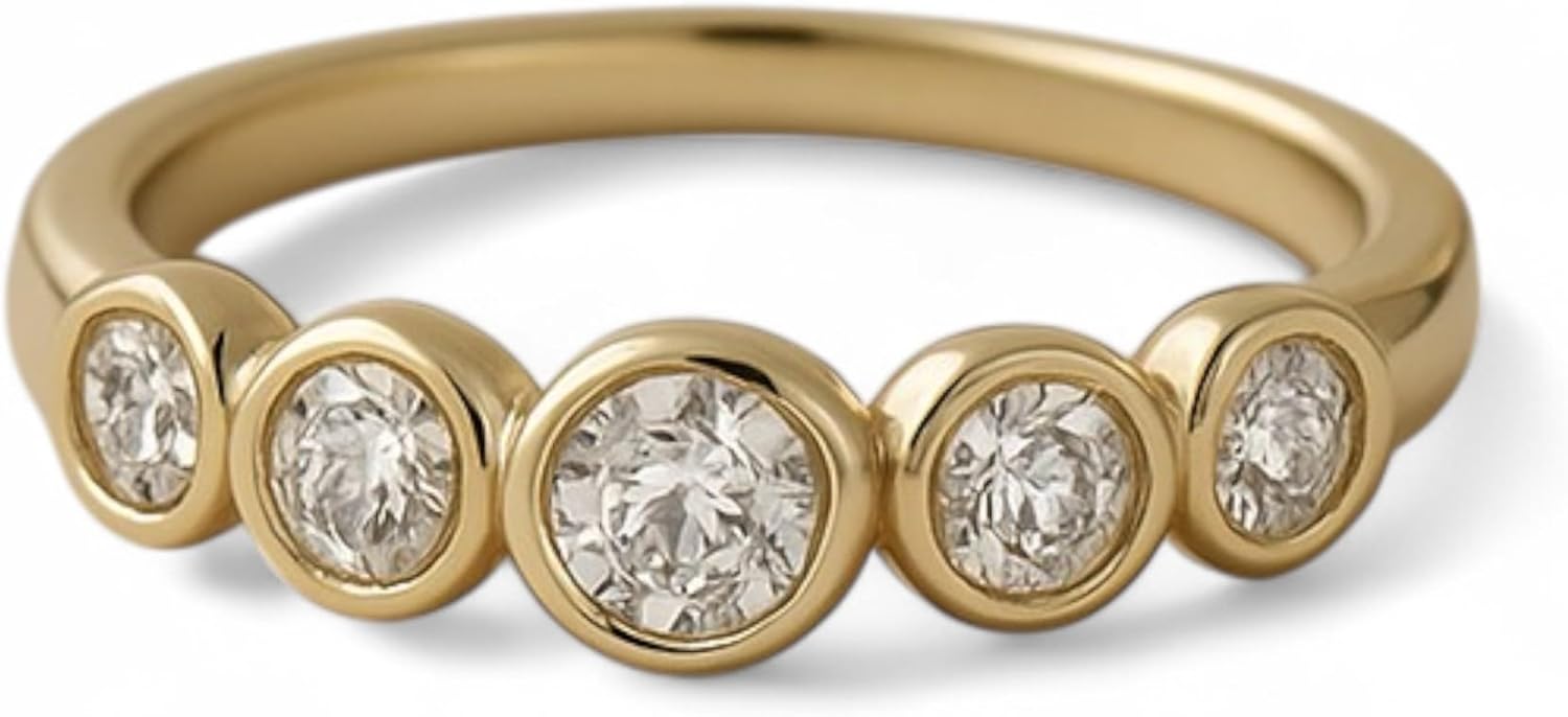 14K Yellow Gold Round Cut Moissanite Ring Bezel Set Lab-Created Moissanite Promise Ring Unique Engagement Jewelry Gift for Her