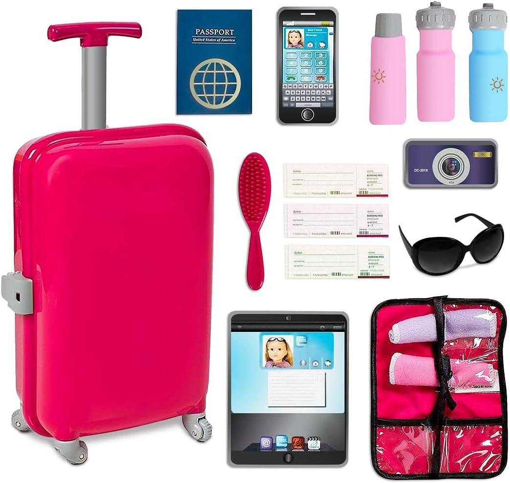 18 Inch Doll Accessories Play Travel Set - 16 Pcs Suitcase Luggage Carrier with Sunglasses, Passport, Tickets, Camera, and More, Beverly Hills Doll Collection