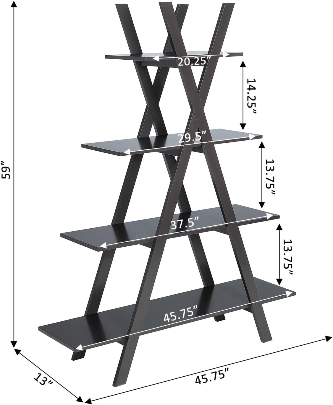 Convenience Concepts Oxford A Frame Bookshelf 45.75" - 4-Tier Farmhouse Open-Concept Bookshelf for Living Room, Family Room X-Shaped Shelving Unit for Media & Home Decor, Office Storage, Espresso