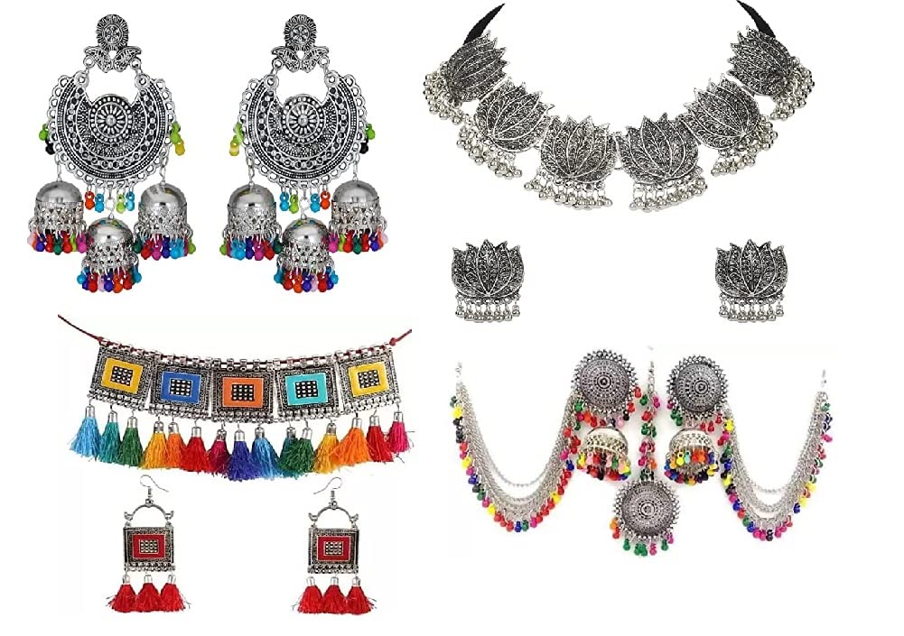 JMBW International combo of 4(pair) Afghani Oxidised Silver Jewellery Choker Necklace Set for Women & Girls (B0BC52M9Q4) Amazon Price History, Amazon Price Tracker