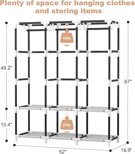 Miniatura 3 de VTRIN Armario portátil para colgar ropa con tapa, 3 varillas para colgar, 6 estantes de almacenamiento y bolsillo lateral, tubo de metal de 0.79