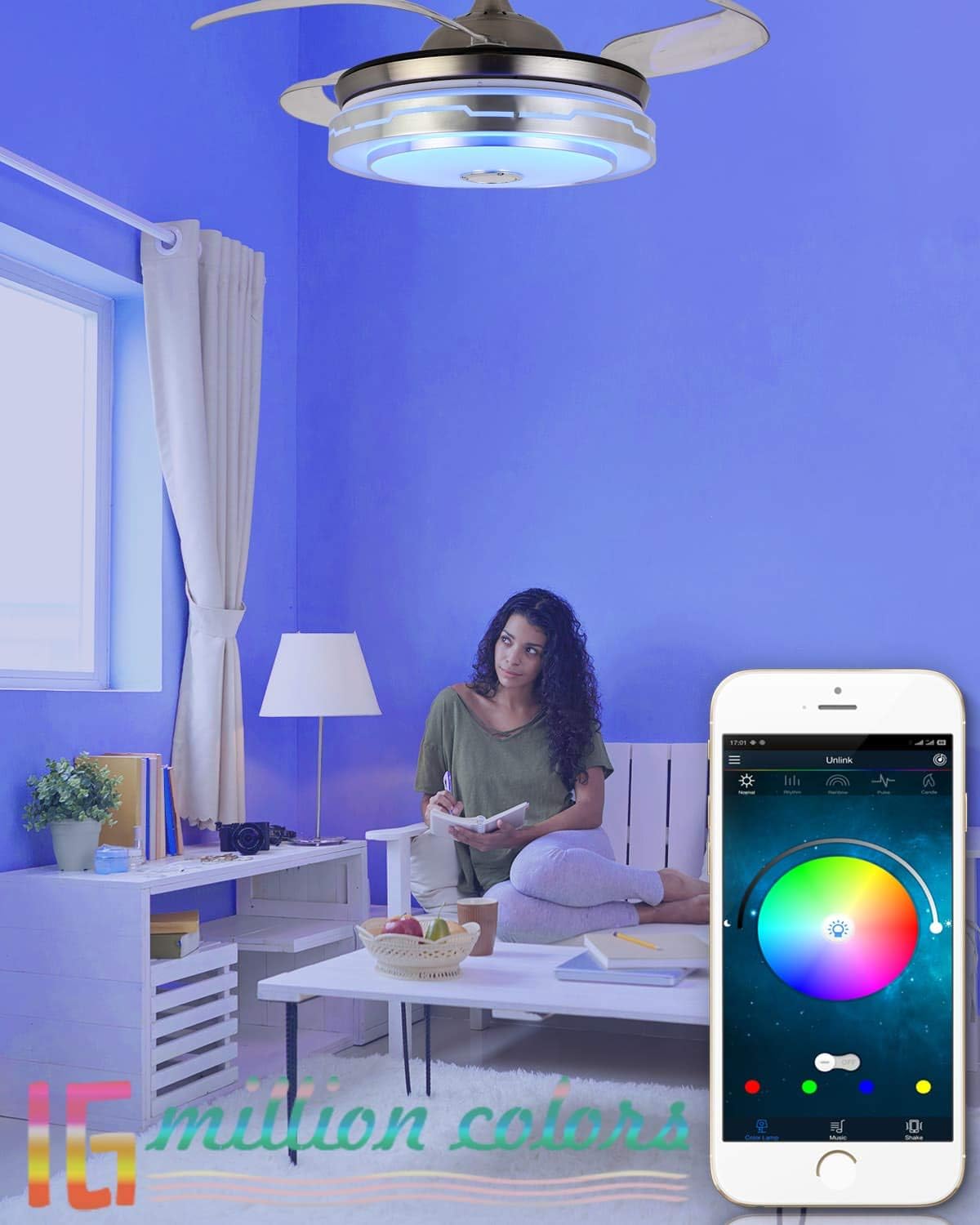 70% оƒƒ Evеrуthіng JVUJVCI Retractable Ceiling Fan with Light and Bluetooth Speaker, LED Bluetooth Ceiling Fan with Light 7 Color Lighting 42 Inch (Silver)